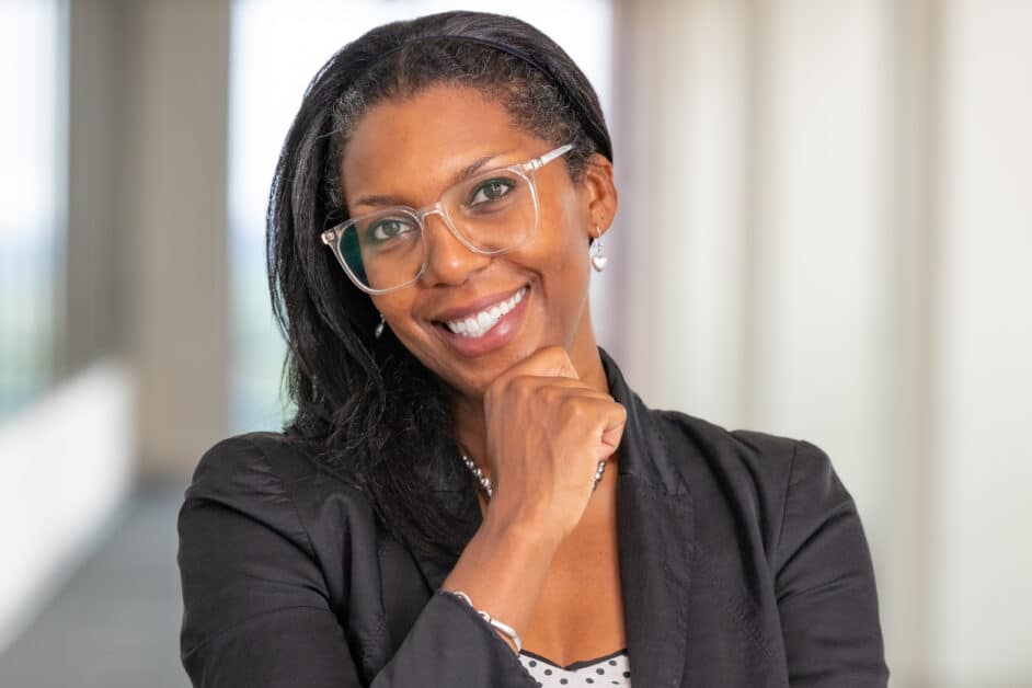 Smiling woman wearing glasses